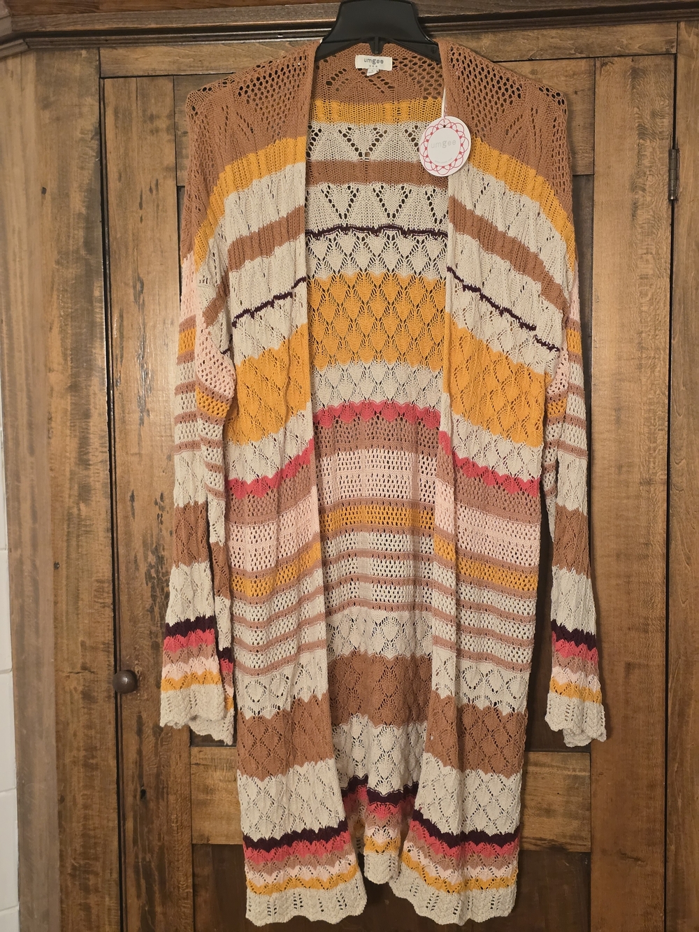 O Umgee Open-Front Striped Crochet Cardigan - Mustard, Cream, Tan, Pink Large